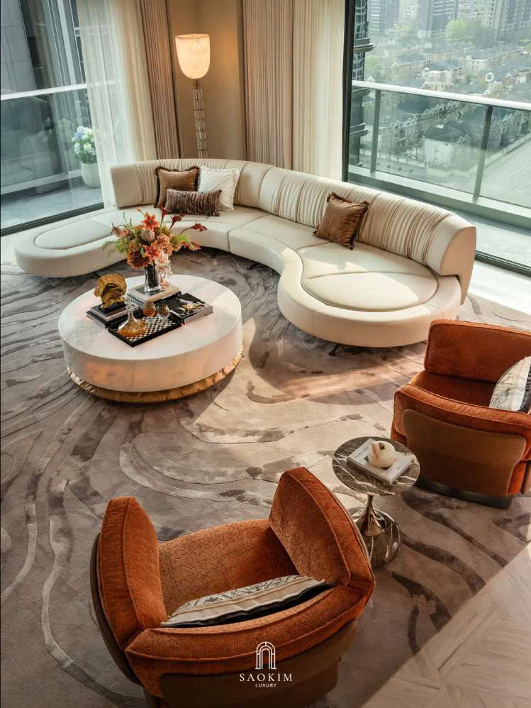 Không gian phòng khách sang trọng tại thiết kế penthouse phong cách Contemporary Art Deco